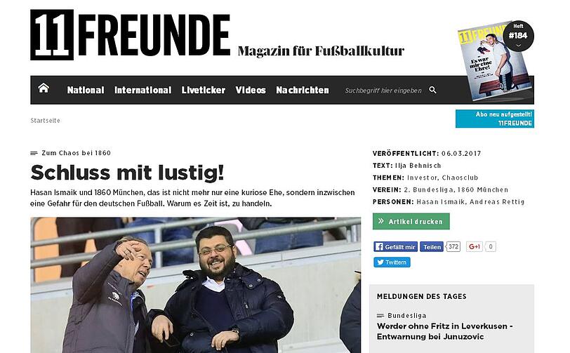 Die "11freunde" feuerte scharf: "Der deutsche Fußball sollte sich spätestens jetzt klar und geschlossen gegen das Gebaren bei 1860 auflehnen"