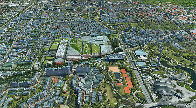 Rechts der Olympiapark, unten das Olympiadorf – und in der Mitte das BMW-Stammwerk.