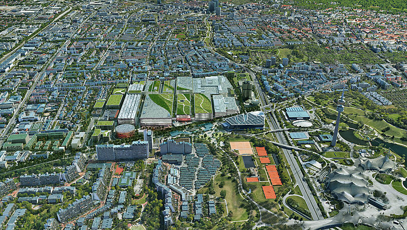Rechts der Olympiapark, unten das Olympiadorf – und in der Mitte das BMW-Stammwerk. Rechts der Olympiapark, unten das Olympiadorf – und in der Mitte das BMW-Stammwerk.