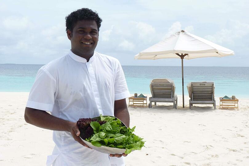 Mahlzeit auf der Picknickinsel Nibiliga vor Soneva Fushi