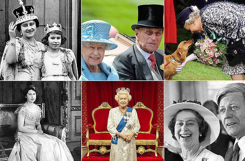 Von oben links nach unten rechts: Die Queen mit Mum, die Queen mit Mann, die Queen mit Corgi, die Queen aus Wachs, die Queen mit 18, die Queen mit Helmut Schmidt.
