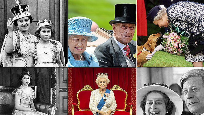 Von oben links nach unten rechts: Die Queen mit Mum, die Queen mit Mann, die Queen mit Corgi, die Queen aus Wachs, die Queen mit 18, die Queen mit Helmut Schmidt. Von oben links nach unten rechts: Die Queen mit Mum, die Queen mit Mann, die Queen mit Corgi, die Queen aus Wachs, die Queen mit 18, die Queen mit Helmut Schmidt.