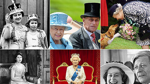 Von oben links nach unten rechts: Die Queen mit Mum, die Queen mit Mann, die Queen mit Corgi, die Queen aus Wachs, die Queen mit 18, die Queen mit Helmut Schmidt.