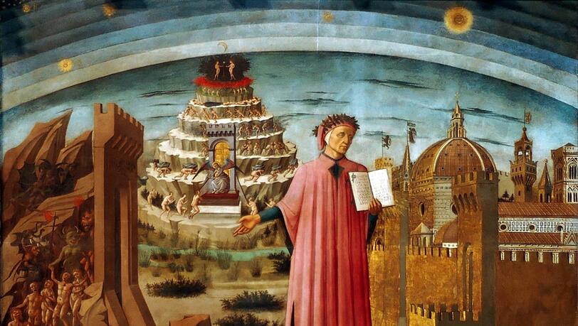Besser konnte man Dante in Florenz nicht huldigen: Um 1465 hat der Maler Domenico di Michelino den Dichter im Dom Santa Maria del Fiore verewigt - der ist rechts auch abgebildet. Dante trägt wie auf bald jedem Porträt einen Lorbeerkranz und ist hier umgeben von Szenen aus der "Göttlichen Komödie", die da wären: die Hölle, der Berg des Fegefeuers und oben das Paradies mit Adam und Eva. Besser konnte man Dante in Florenz nicht huldigen: Um 1465 hat der Maler Domenico di Michelino den Dichter im Dom Santa Maria del Fiore verewigt - der ist rechts auch abgebildet. Dante trägt wie auf bald jedem Porträt einen Lorbeerkranz und ist hier umgeben von Szenen aus der "Göttlichen Komödie", die da wären: die Hölle, der Berg des Fegefeuers und oben das Paradies mit Adam und Eva.