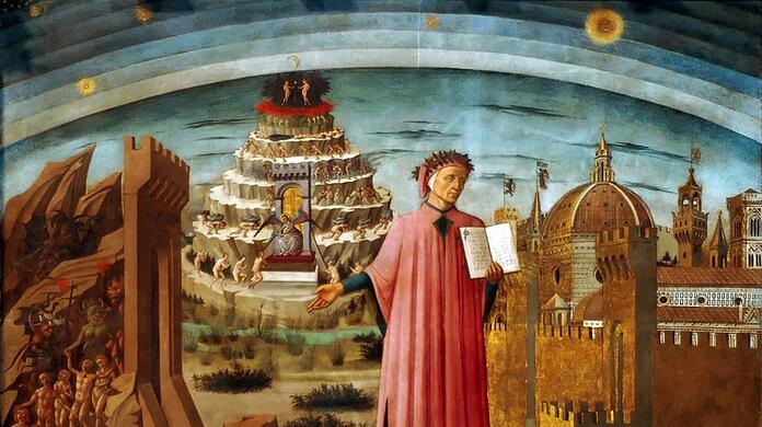 Besser konnte man Dante in Florenz nicht huldigen: Um 1465 hat der Maler Domenico di Michelino den Dichter im Dom Santa Maria del Fiore verewigt - der ist rechts auch abgebildet. Dante trägt wie auf bald jedem Porträt einen Lorbeerkranz und ist hier umgeben von Szenen aus der "Göttlichen Komödie", die da wären: die Hölle, der Berg des Fegefeuers und oben das Paradies mit Adam und Eva.