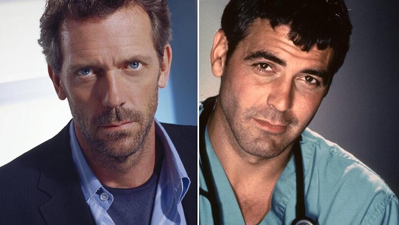 Hugh Laurie (l.) spielte die Hauptrolle in "Dr. House", George Clooney wurde durch "Emergency Room - Die Notaufnahme" zum Star.