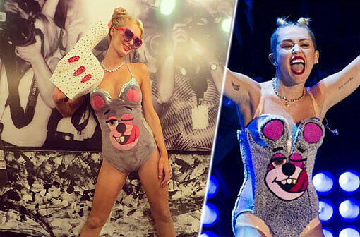 Hotelerbin imitiert Pop-Star: Paris Hilton (l) im frechen Outfit von Miley Cyrus.