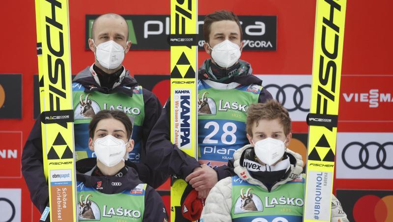 Das deutsche Skifligene-Team beim Weltcup mit Pius Paschke (oben,l-r), Markus Eisenbichler, Karl Geiger (unten r) und Constantin Schmid.