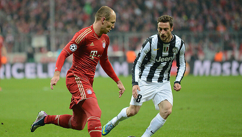 2. April 2013: Arjen Robben (links) im Duell mit Juventus-Profi Claudio Marchisio. Das Viertelfinal-Hinspiel gewannen die Münchner mit 2:0. 2. April 2013: Arjen Robben (links) im Duell mit Juventus-Profi Claudio Marchisio. Das Viertelfinal-Hinspiel gewannen die Münchner mit 2:0.