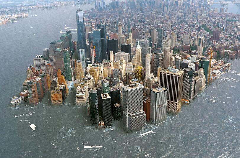 Wenn der Meeresspiegel weiter steigt, k&ouml;nnte der Stadtteil Manhattan in New York City &uuml;berflutet werden, wie eine Simulation zeigt.