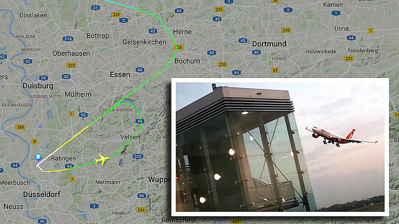 Auf der Karte von flightradar24 ist die Ehrenrunde des Piloten deutlich erkennbar.
