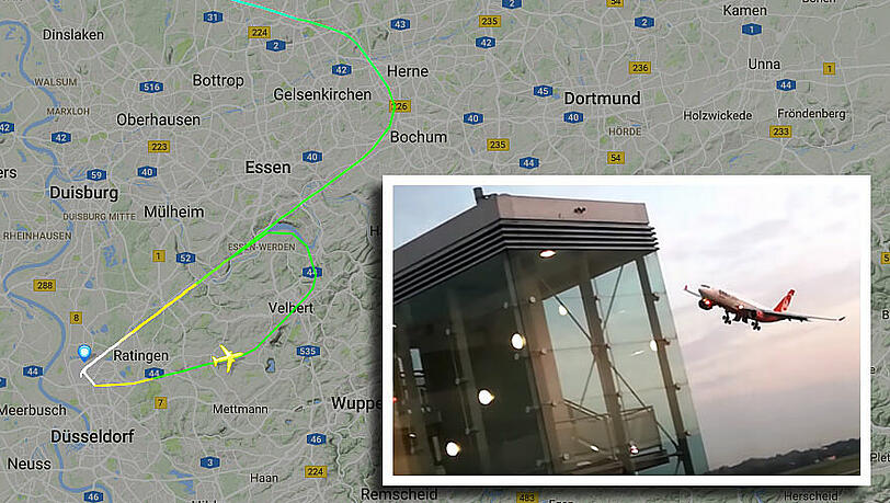 Auf der Karte von flightradar24 ist die Ehrenrunde des Piloten deutlich erkennbar. Auf der Karte von flightradar24 ist die Ehrenrunde des Piloten deutlich erkennbar.