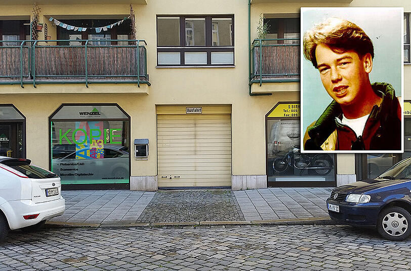 Tatort Blutenburgstraße: Genau hier ist Stefan Pecher (kleines Bild) vor 20 Jahren mit durchschnittener Kehle aufgefunden worden.