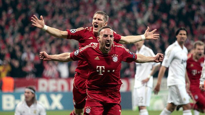 Der "Wahnsinn" 2012: Franck Ribéry und Bastian Schweinsteiger jubeln: Der FC Bayern setzte sich im Halbfinale der Champions League gegen Real Madrid durch. Der "Wahnsinn" 2012: Franck Ribéry und Bastian Schweinsteiger jubeln: Der FC Bayern setzte sich im Halbfinale der Champions League gegen Real Madrid durch.