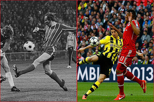 KATSCHE BOATENG: Als Ausputzer und treuer Adjutant von Beckenbauer machte sich Hans-Georg Schwarzenbeck (l.) einen Namen. Rustikal war die Spielweise des Stoppers, immer unangenehm für den Gegner. Auch Jerome Boateng (r.) leistet Helferdienste &ndash; für Abwehrchef Dante. Nur: Boateng ist schneller als der Katsche damals und technisch stärker.