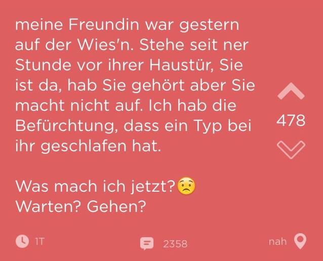 Stundenlang stand der "Türsteher" vor der Wohnung seiner Freundin, um zu erfahren, wer die Nacht bei ihr verbracht hat. Die Jodel-Community ist live bei seinem Dilemma dabei.