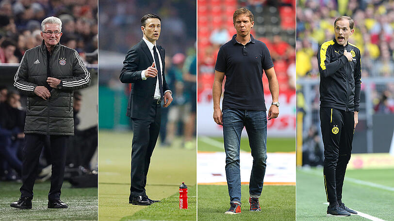 "Niko macht das unaufgeregt, sachlich. Klar in der Analyse. Seine Handschrift prägt die Mannschaft", sagt Bayern-Coach Jupp Heynckes (links) über Frankfurts Niko Kovac (Zweiter von links) &ndash; seinen Nachfolger? Julian Nagelsmann (30, Dritter von links) ist den Münchnern "zu jung". Thomas Tuchel (rechts) ist der Favorit auf die Heynckes-Nachfolge.