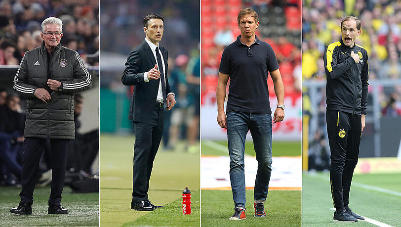 "Niko macht das unaufgeregt, sachlich. Klar in der Analyse. Seine Handschrift prägt die Mannschaft", sagt Bayern-Coach Jupp Heynckes (links) über Frankfurts Niko Kovac (Zweiter von links) – seinen Nachfolger? Julian Nagelsmann (30, Dritter von links) ist den Münchnern "zu jung". Thomas Tuchel (rechts) ist der Favorit auf die Heynckes-Nachfolge. "Niko macht das unaufgeregt, sachlich. Klar in der Analyse. Seine Handschrift prägt die Mannschaft", sagt Bayern-Coach Jupp Heynckes (links) über Frankfurts Niko Kovac (Zweiter von links) – seinen Nachfolger? Julian Nagelsmann (30, Dritter von links) ist den Münchnern "zu jung". Thomas Tuchel (rechts) ist der Favorit auf die Heynckes-Nachfolge.