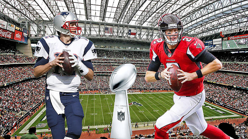 Eine Milliarde Zuschauer weltweit werden das Duell zwischen Tom Bradys (l.) Patriots und Matt Ryans Falcons in Houston verfolgen.