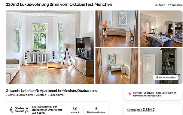 Mit das Teuerste zur Untermiete beim Oktoberfest: ein Apartment an der Goethestraße Ecke Pettenkoferstraße für 3564 Euro je Nacht. Mit das Teuerste zur Untermiete beim Oktoberfest: ein Apartment an der Goethestraße Ecke Pettenkoferstraße für 3564 Euro je Nacht.