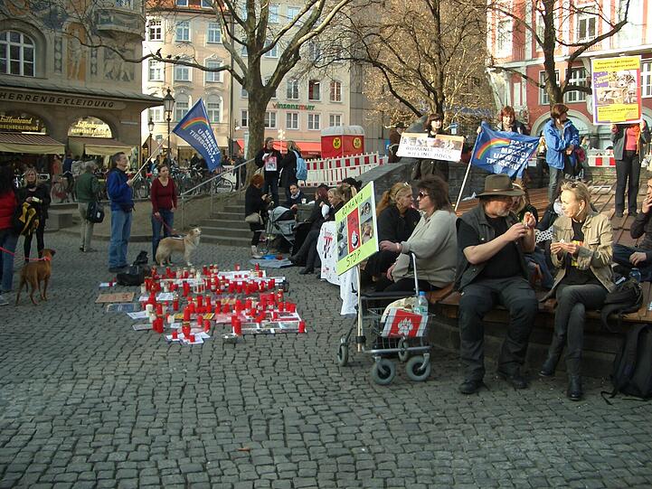 Um die 150 Tierfreunde waren am Rindermarkt, um mit Plakaten, Flyern, Bannern und Gesprächen über die Streunerproblematik und die grausamen Tötungen der Hunde in Rumänien aufzuklären.