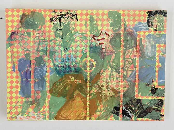 Unter dem Titel „Alles ist abseits“ hat Curtis Talwst Santiago eine Kombination aus Gouache und Lackmarker auf Holzplatte beigesteuert.