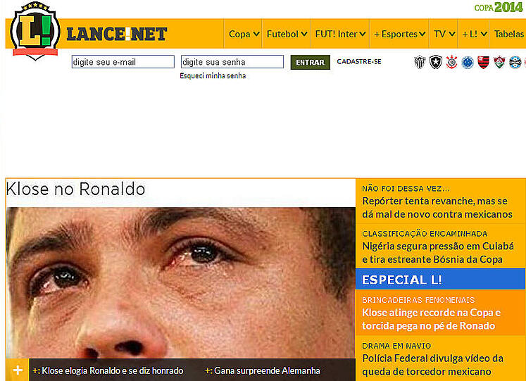 Die brasilianische "Lance!" Zeigt einen weinenden Ronaldo, nachdem Klose dessen alleinigen Torrekord eingestellt hat.