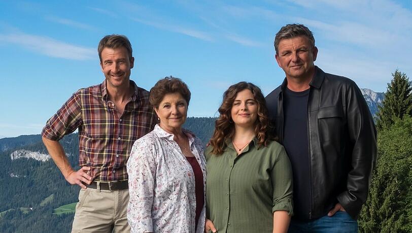 Der harte Kern der "Bergdoktor"-Familie (v.l.): Hans Gruber (Heiko Ruprecht), Lisbeth Gruber (Monika Baumgartner), Lilli Gruber (Ronja Forcher) und Dr. Martin Gruber (Hans Sigl).