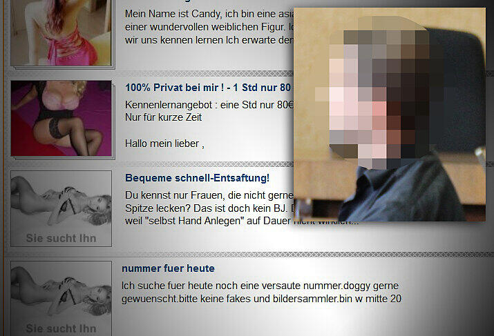 Einschlägige Anzeigen auf dem Portal, wo der Angeklagte (kleines Bild) seine Mädchen anpries.