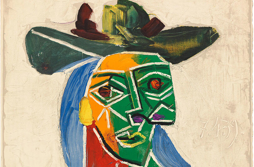 &bdquo;Frau mit Hut&ldquo;, Farblithografie von 1939.