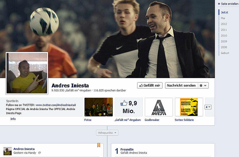 Auch Platz Zwei geht an einen Spieler von der iberischen Halbinsel: Andres Iniesta vom FC Barcelona beobachten 9,9 Millionen Fans über Facebook. Kurz vor der Abreise ins Trainingslager nach Polen zeigte Iniesta ihnen noch ein Foto, das ihn mit drei hübschen jungen Damen zeigt - http://www.facebook.com/AndresIniesta.