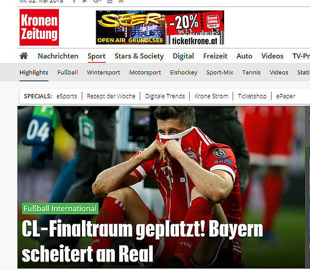 Krone (Österreich): "CL-Finaltraum geplatzt! Bayern scheitert an Real"