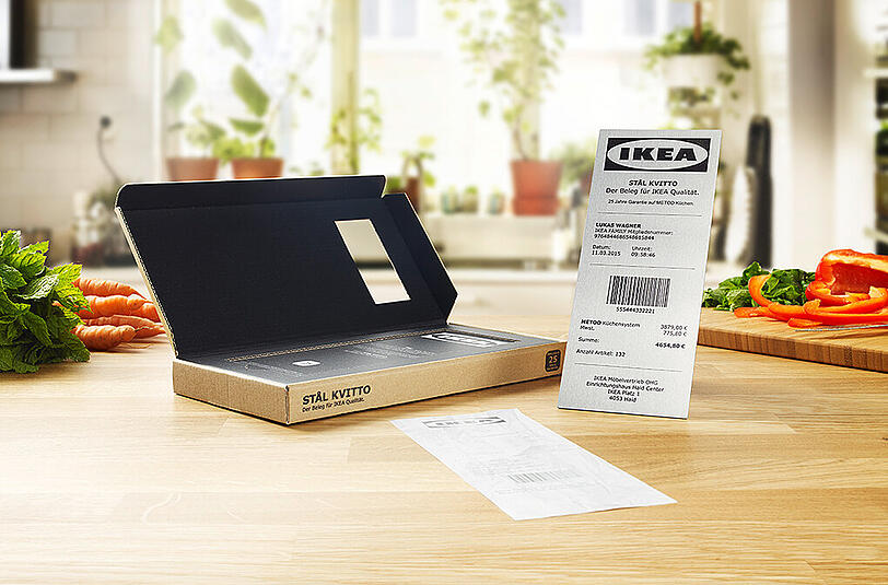 Um die Rückgabe für Ikea-Kunden zu erleichtern, hat die Agentur DDB den ersten Kassenbeleg aus Stahl entwickelt.
