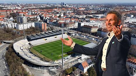 L&ouml;wen-Pr&auml;sident Gernot Mang und das Gr&uuml;nwalder Stadion.