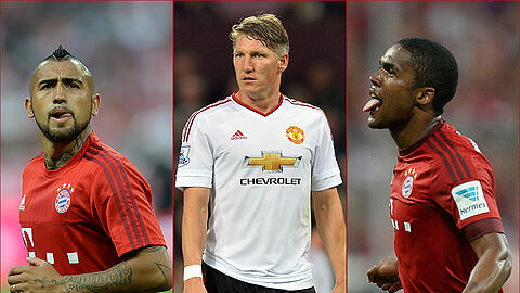 Neben namhaften Neuzugängen, wie beispielsweise Arturo Vidal (l.) und Douglas Costa (r.), gab es auch einige Abgänge, wie Bastian Schweinsteiger (m.) und Dante. Klicken Sie sich durch die Bilderstrecke aller Bayern-Transfers der letzten Transfperiode.