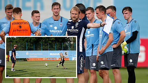 Der neue Löwen-Boss auf dem Platz: Trainer Daniel Bierofka mit seinem Team und seiner Tochter beim Auftakttraining (kl. Bild).