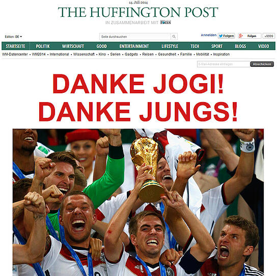 Die deutsche Ausgabe der Huffington Post: "Danke Jogi! Danke Jungs!" Mehr muss man nicht sagen.