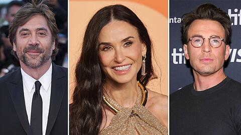 Javier Bardem (li.), Demi Moore und Chris Evens pr&auml;sentieren jeweils einen Oscar.