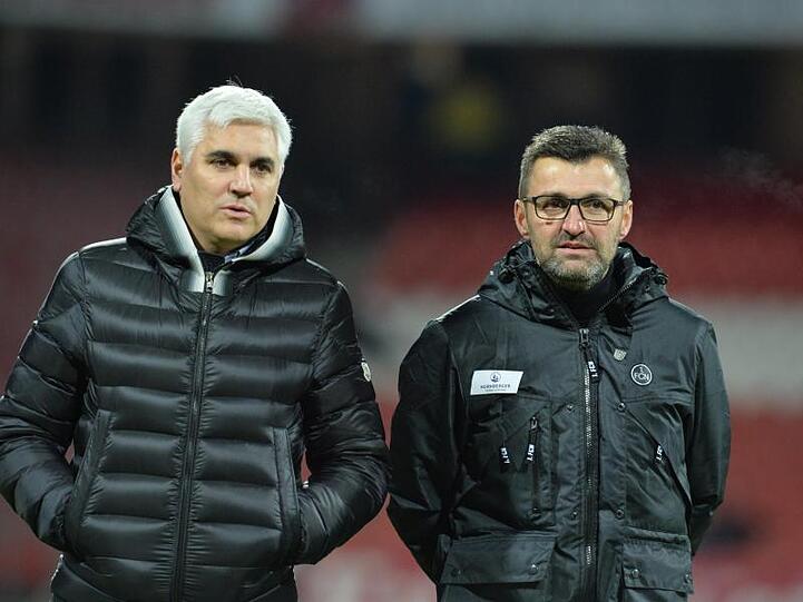 Der Nürnberger Trainer Michael Köllner (r) und der Nürnberger Sportvorstand Andreas Bornemann (l). Foto: Timm Schamberger/Archiv
