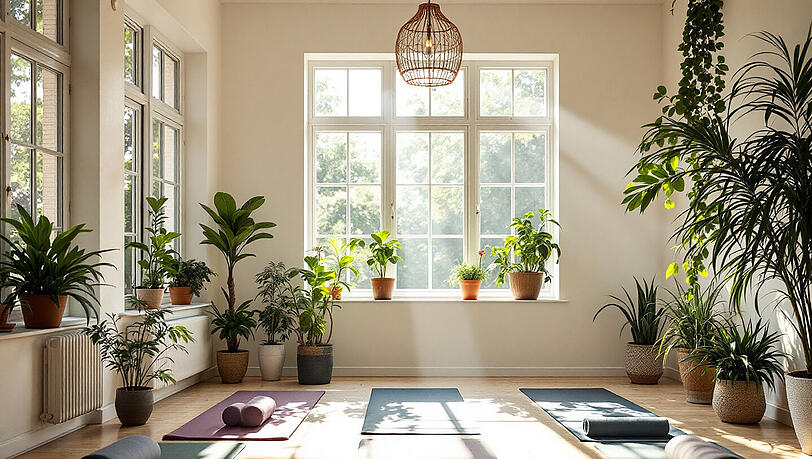 Grünes Zimmer im Freien - als meditativer Yoga-Raum (KI-generiert). Grünes Zimmer im Freien - als meditativer Yoga-Raum (KI-generiert).