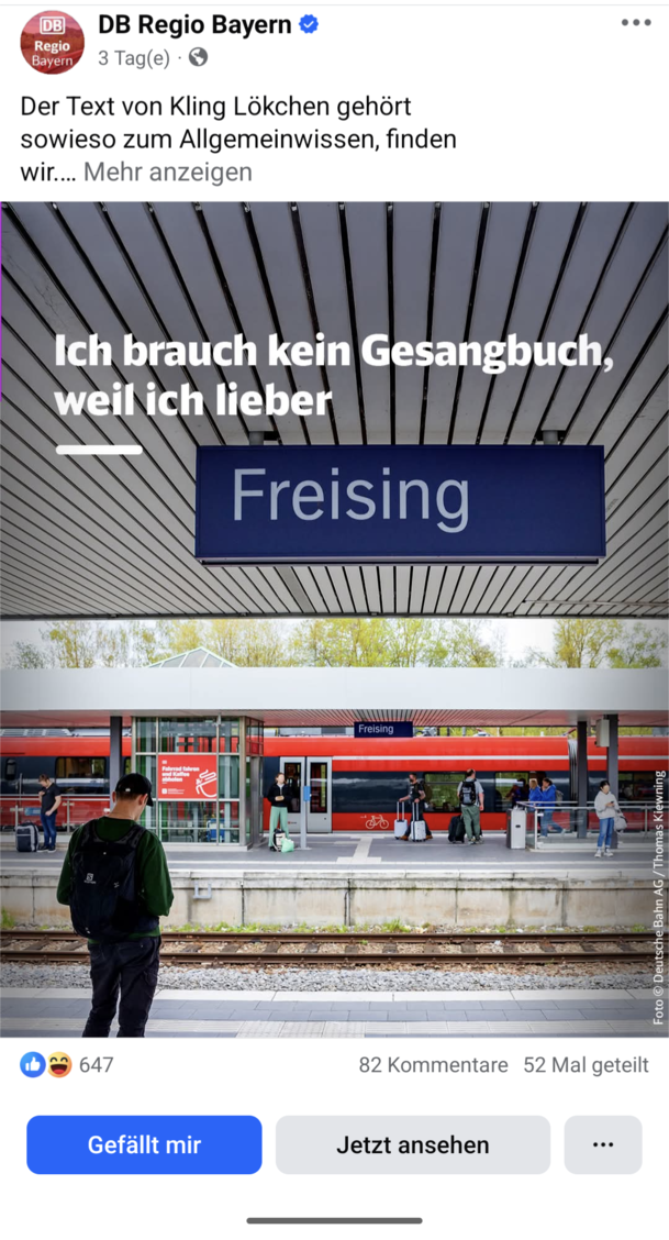 Erst vor wenigen Tagen hat die DB Regio Bayern diesen Post auf Facebook geteilt. Ob die Freisinger das bei der aktuellen Baustellen-Lage so amüsant finden?