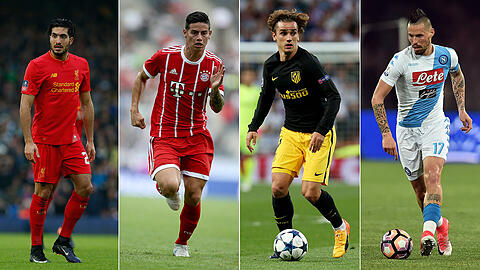 Stelldichein der Stars: Emre Can (FC Liverpool), James Rodríguez (FC Bayern), Antoine Griezmann (Atlético Madrid) und Marek Hamsik (SSC Neapel).