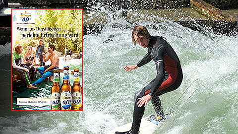 Das Bier aus der Eifel und die coolen Eisbachsurfer: Passt das zusammen? Wegen dieser Werbung gibt es Ärger an der Welle...