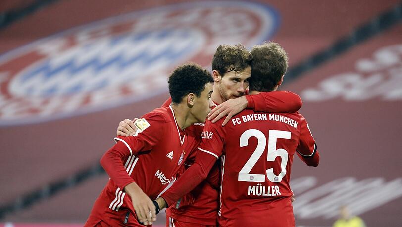 Sind auch Kandidaten fürs EM-Mittelfeld der DFB-Elf: Jamal Musiala, Leon Goretzka und Thomas Müller (v.l.).