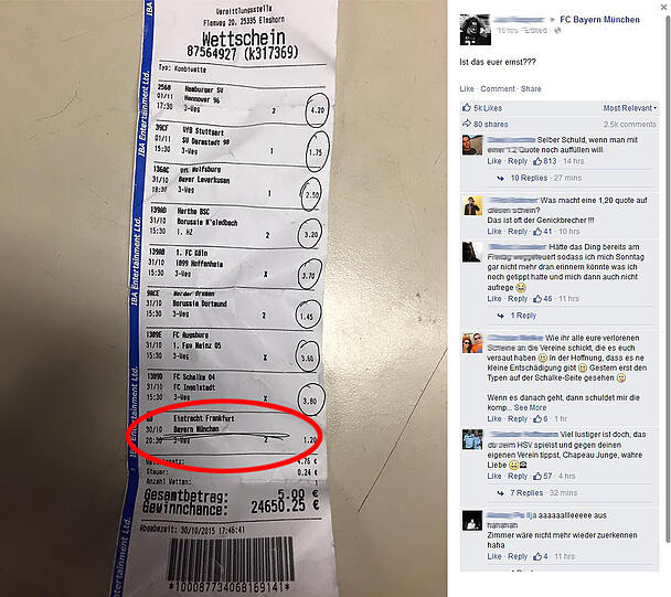 Dieser Wettschein sorgt auf Facebook für Staunen: Der FC Bayern machte einem Tippspieler einen fiesen Strich durch die Rechnung und brachte ihn um einen saftigen Geldregen.