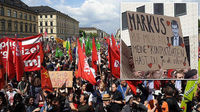 Auch Odeonsplatz und Ludwigstraße waren voller Menschen. Im kleinen Bild: Ein Plakat, adressiert an Ministerpräsident Markus Söder.