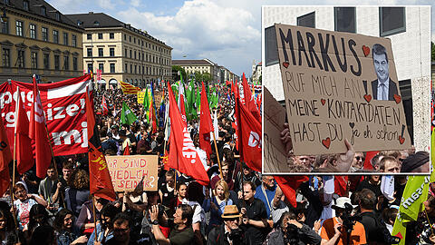 Auch Odeonsplatz und Ludwigstraße waren voller Menschen. Im kleinen Bild: Ein Plakat, adressiert an Ministerpräsident Markus Söder.