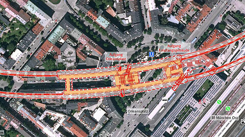 Der Orleansplatz in neun Jahren: Farbig eingezeichnet sind die neuen unterirdischen S-Bahn-Röhren, das neue Empfangsgebäude und die Zugänge.