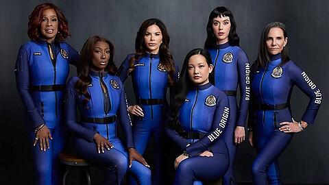 Gayle King (v.l), Aisha Bowe, Lauren Sánchez, Amanda Nguyen, Katy Perry und Kerianne Flynn wollen am 14. April gegen 8:30 Uhr Ortszeit in West-Texas abheben.
