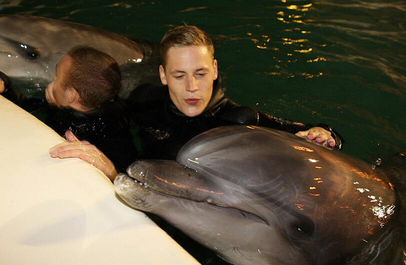 Für die Löwen ging's am Mittwoch noch tierisch zu: Im Delfinarium durften sie mit Flipper & Co. eine Runde schwimmen.